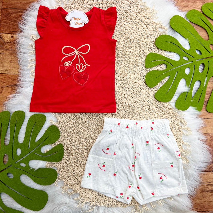 Conj. Blusa Laço e Short Flores de Corações com Mini Bolsos - Vermelho